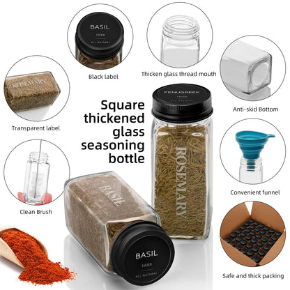 12Pcs 4 OZ Glass Spice Jars with black Metal Caps, Glass Jars with Minimalist Farmhouse Spice Labels Stickers, Collapsible Funnel, Seasoning Storage Bottles for Spice Rack, Cabinet, Drawer (12)