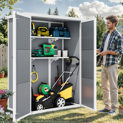 DWVO 50 Cuft Outdoor Tall Storage Shed with 2 Shelves, 4.3x2x5.5ft Vertical Tool Shed with Floor & Lockable Doors, Sturdy Double-Wall Plastic Cabinet for Garbage Cans and Garden Equipment (Gray)