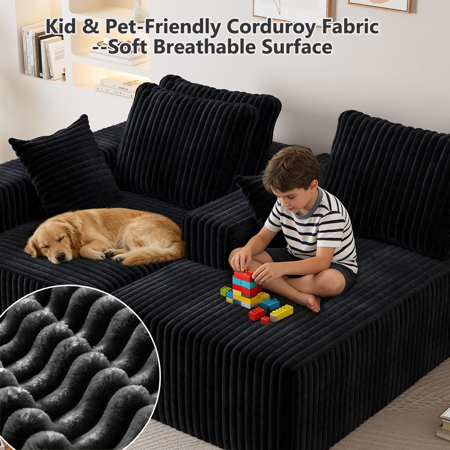 94" Sectional Couches for Living Room, Modular Sectional Sofa with L-Shape Chaise, Cloud Couch, Comfy Flannel Fluffy Couch with Pillows and Side Pockets NoAssembly (Black, Left Facing Chaise-96-inch)