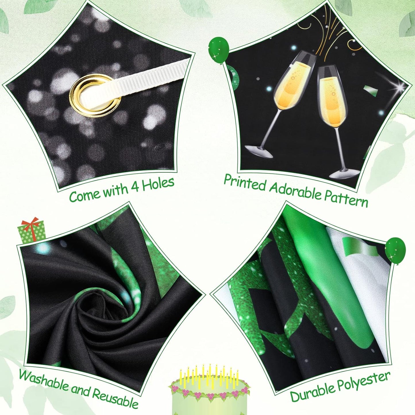 Green Silver Black Happy Birthday Banner Decorations, Champagne Glass Balloons Photo Booth Background for Party Supplies