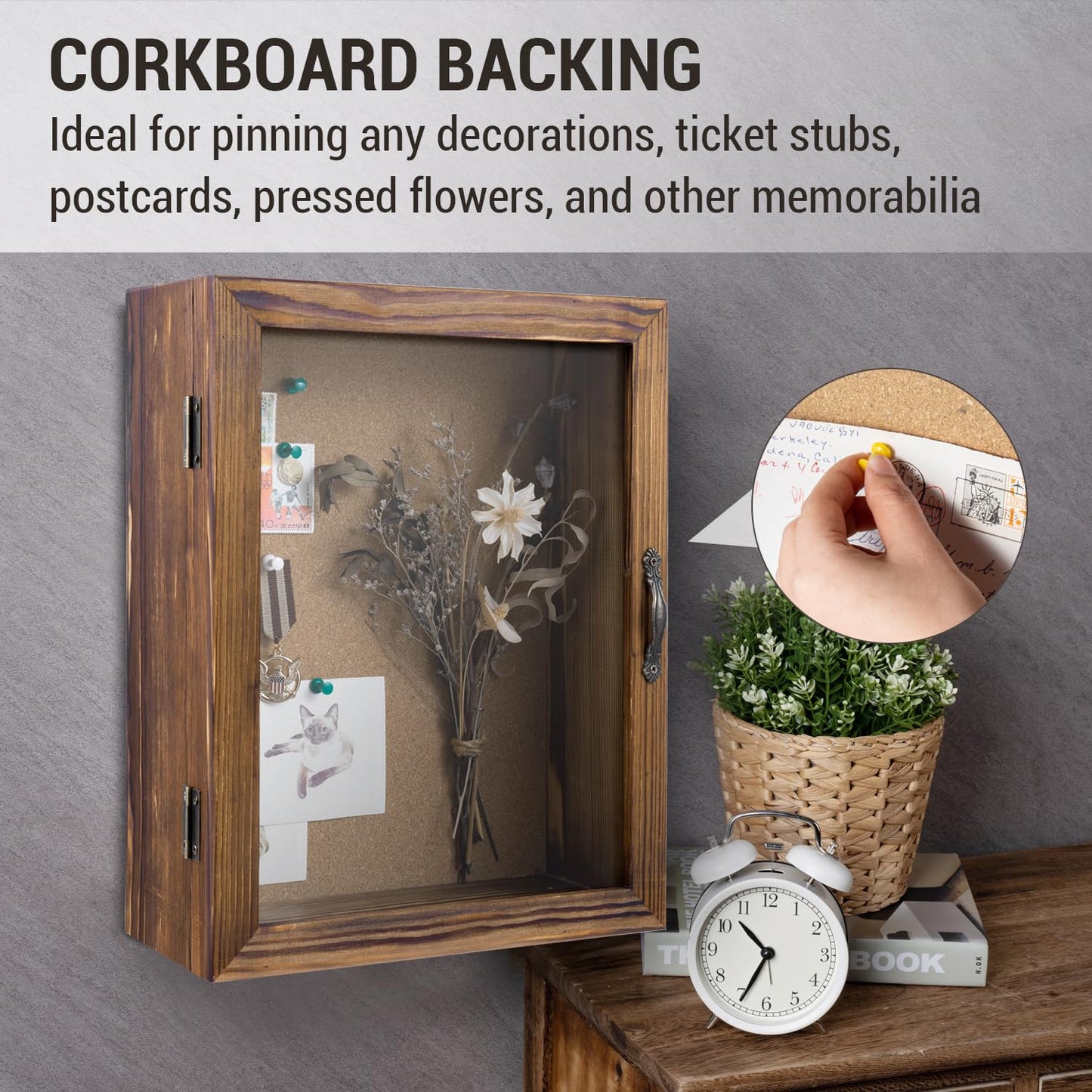 MyGift 11x14 Deep Shadow Box Frame with Cork Board Backing and Acrylic Paneled Cursive Hinged Door, Rustic Burnt Wood Wall Mounted Shadow Box Display Case Cabinet