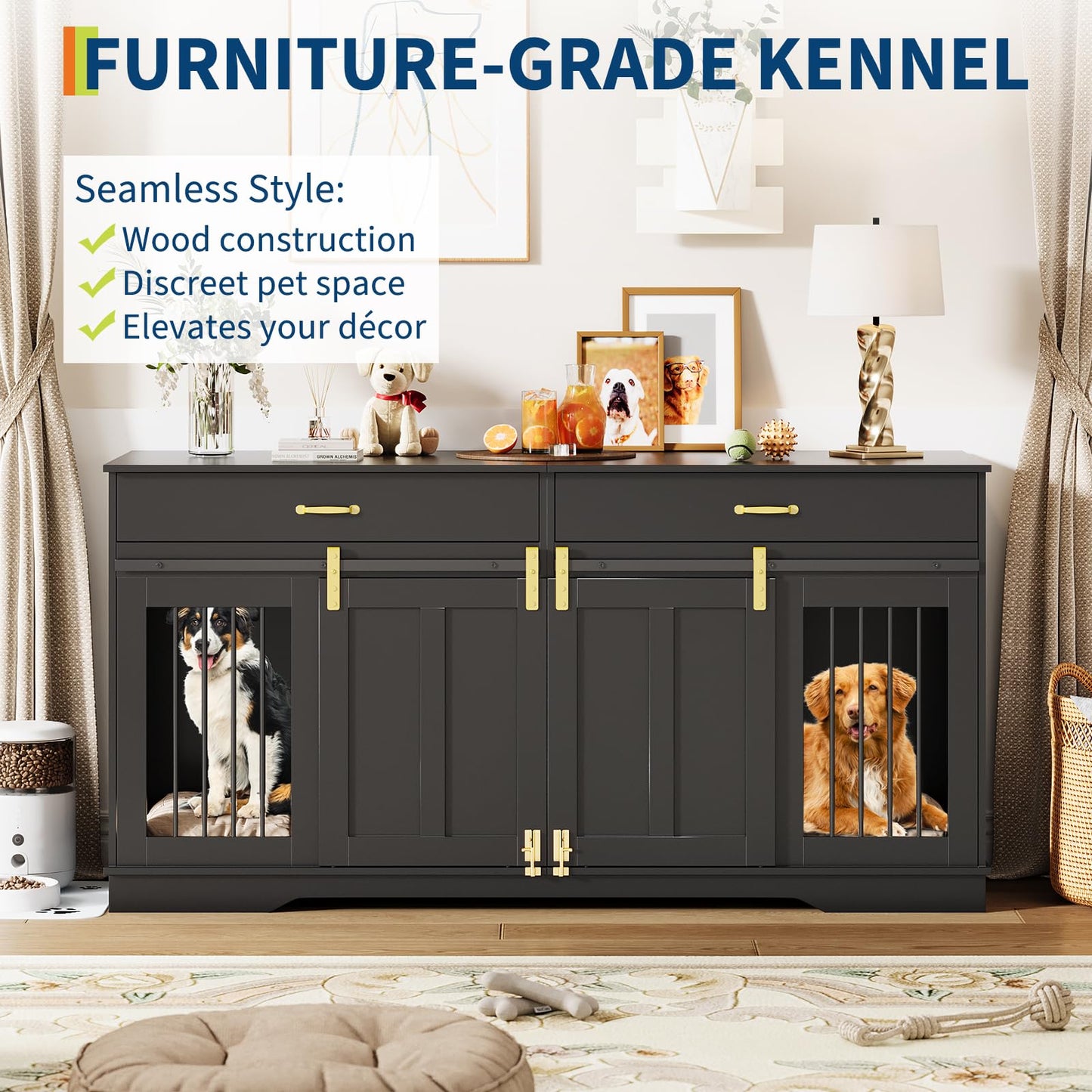 GarveeHome 71'' Double Wooden Dog Crate Furniture for 2 Dogs, with Removable Divider, Sliding Door & 2 Drawers, Decorative TV Stand for Living Room, Fits Small Medium Large Dogs