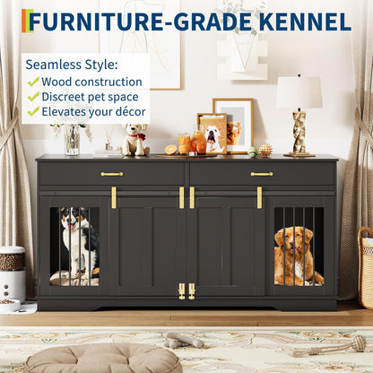 GarveeHome 71'' Double Wooden Dog Crate Furniture for 2 Dogs, with Removable Divider, Sliding Door & 2 Drawers, Decorative TV Stand for Living Room, Fits Small Medium Large Dogs