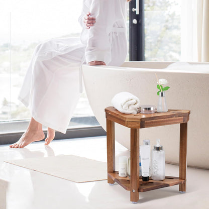 14in, Boulphia Shower Foot Rest Acacia Wood Shower Stool for Shaving Legs, Waterproof Corner Shower Stool with Storage