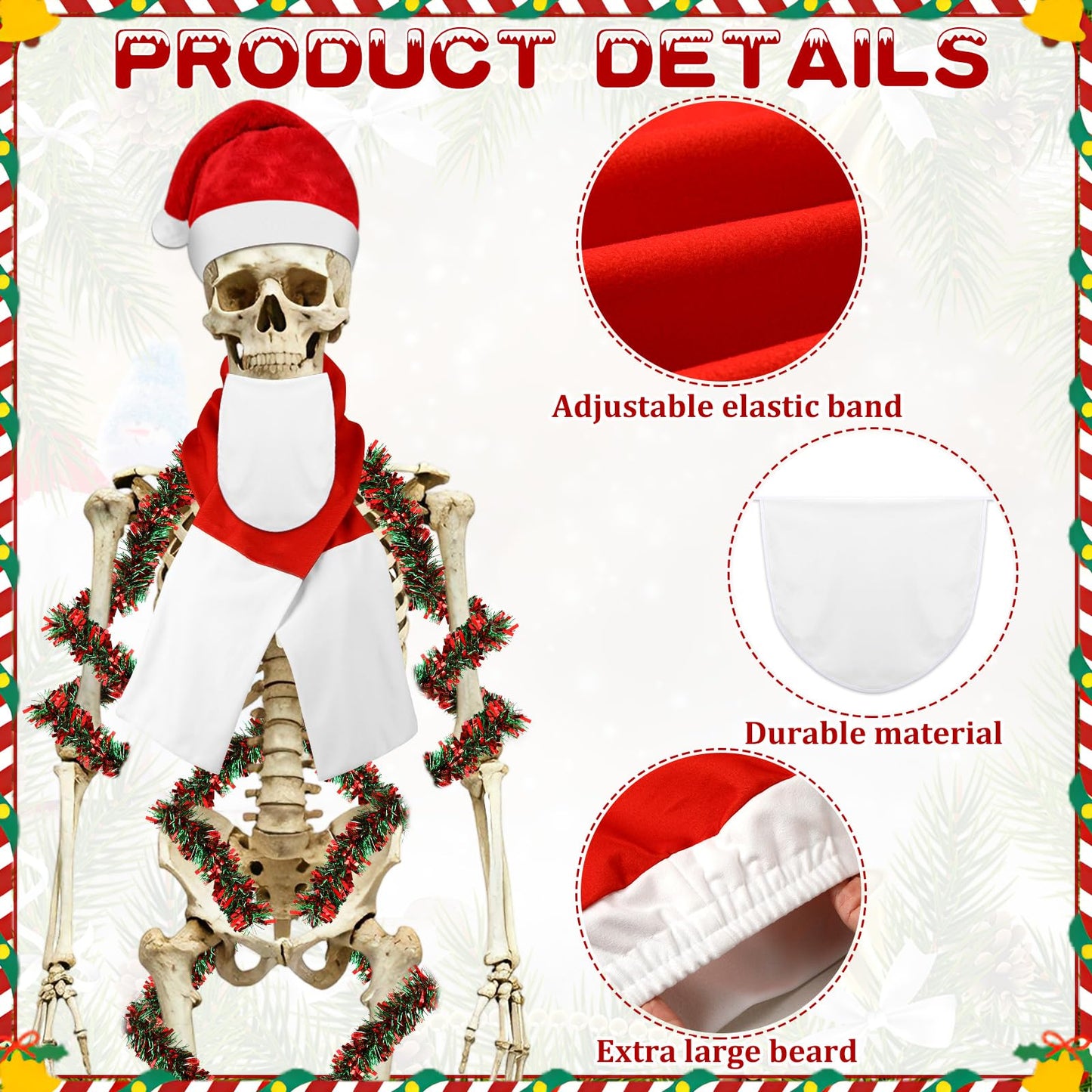 DECYOOL 12 ft Skeleton Santa Outfit, Christmas Skeleton Costume Accessories Set Santa Hat Scarf Beard Tinsel Garlands and Inflatable Candy Cane for Outdoor Indoor Garden Props Festival Decor