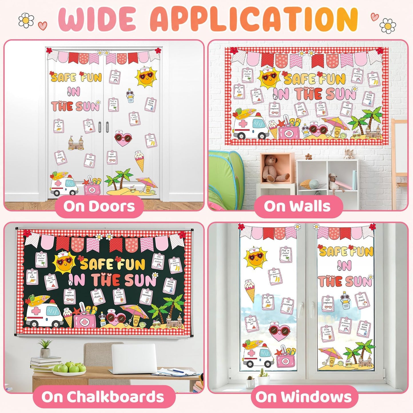 Safe Fun in the Sun Bulletin Board Set Summer Sun Classroom Decorations Tropical Hawaiian Classroom Sunshine Safety Paper Cutouts for Summer Back to School Teachers Chalkboard Wall Door Decor