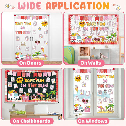 Safe Fun in the Sun Bulletin Board Set Summer Sun Classroom Decorations Tropical Hawaiian Classroom Sunshine Safety Paper Cutouts for Summer Back to School Teachers Chalkboard Wall Door Decor