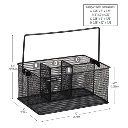 Mind Reader Multi-purpose Storage Caddy with Handle, Desktop Organizer, Cutlery Holder, 4 Compartments, Metal Mesh, Black