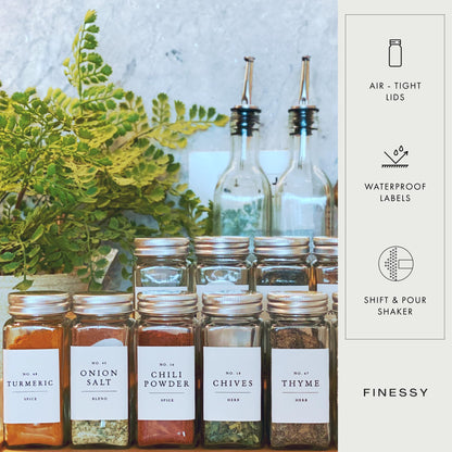 FINESSY Glass Spice Jars with Labels with Metal Lids and Shakers 24 Pack Set, 4oz Small Empty Air Tight Spice Containers with Labels, Clear Seasoning Containers Herb Bottles Kitchen Storage Organizer