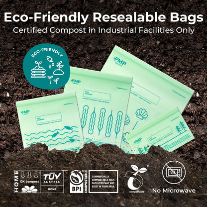 Fit Meal Prep 100% Compostable Food Storage Bags Set, Resealable Bags Plant-Based Freezer Bag for Food, ASTM D6400, US BPI & EU OK Compost Certified