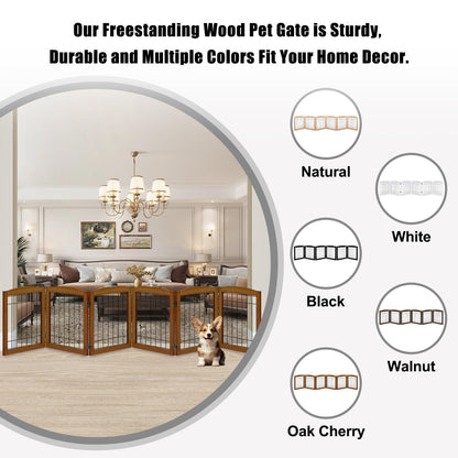 LZRS 6-Panel Extra Wide Wooden Freestanding Dog Gate: Foldable Solid Wood and Steel Wire Chew Resistant Safety Barrier for Doorways, Stairs, and Open Long Spaces Indoor Use, Cherry