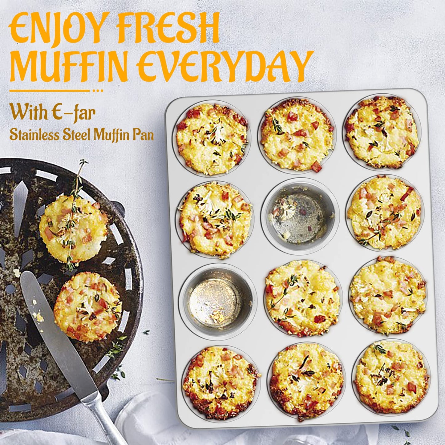 E-far Muffin Pan 12-Cup, Stainless Steel Cupcake Pan Metal Muffin Baking Tins for Oven, Regular Size & Easy Clean, Non-toxic & Dishwasher Safe