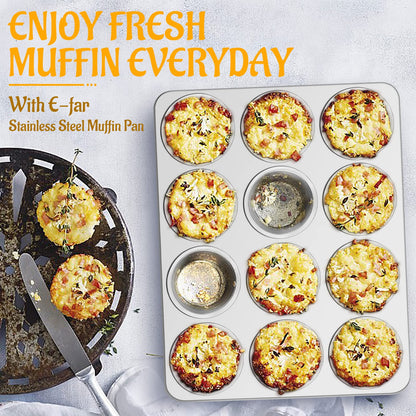 E-far Muffin Pan 12-Cup, Stainless Steel Cupcake Pan Metal Muffin Baking Tins for Oven, Regular Size & Easy Clean, Non-toxic & Dishwasher Safe