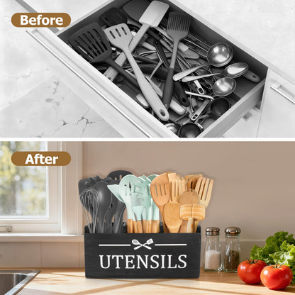 RedCall Wooden Kitchen Utensil Holder for Counter-top,Large Utensil Organizer for Storage Cooking Tool and Silverware,Extra Large Rustic Wood Container (Black)