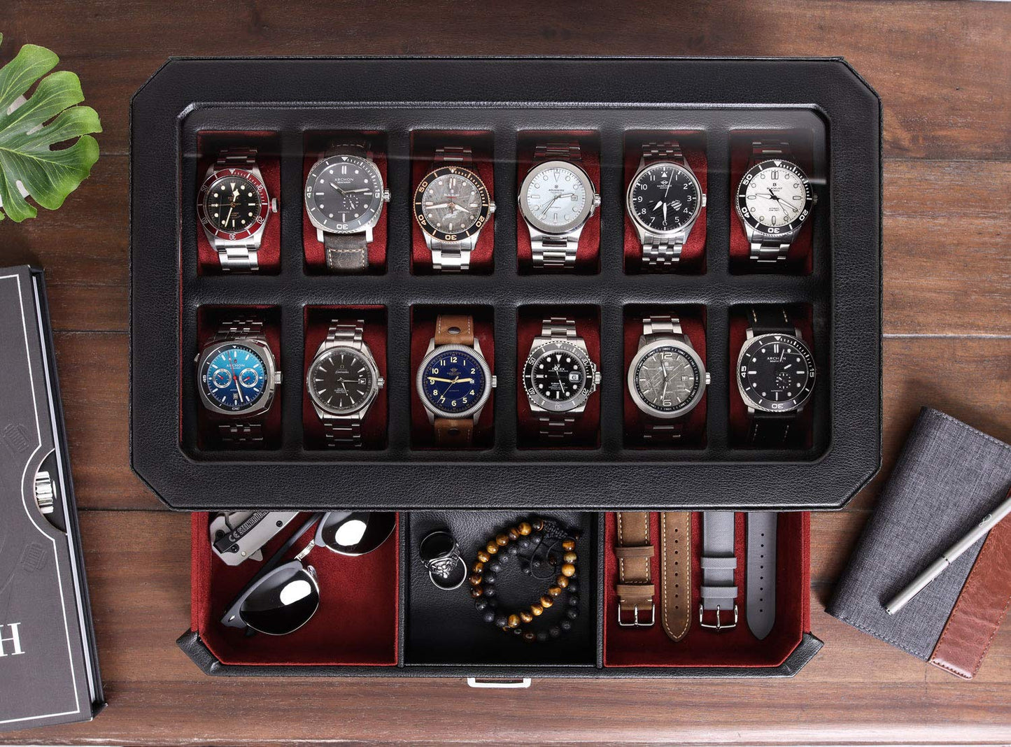 Gift Set 12 Slot Leather Watch Box with Valet Drawer & Matching Single Watch Winder - Luxury Case Display Organizer, Locking Mens Jewelry Watches Holder, Men's Storage Boxes Glass Top Black/Red