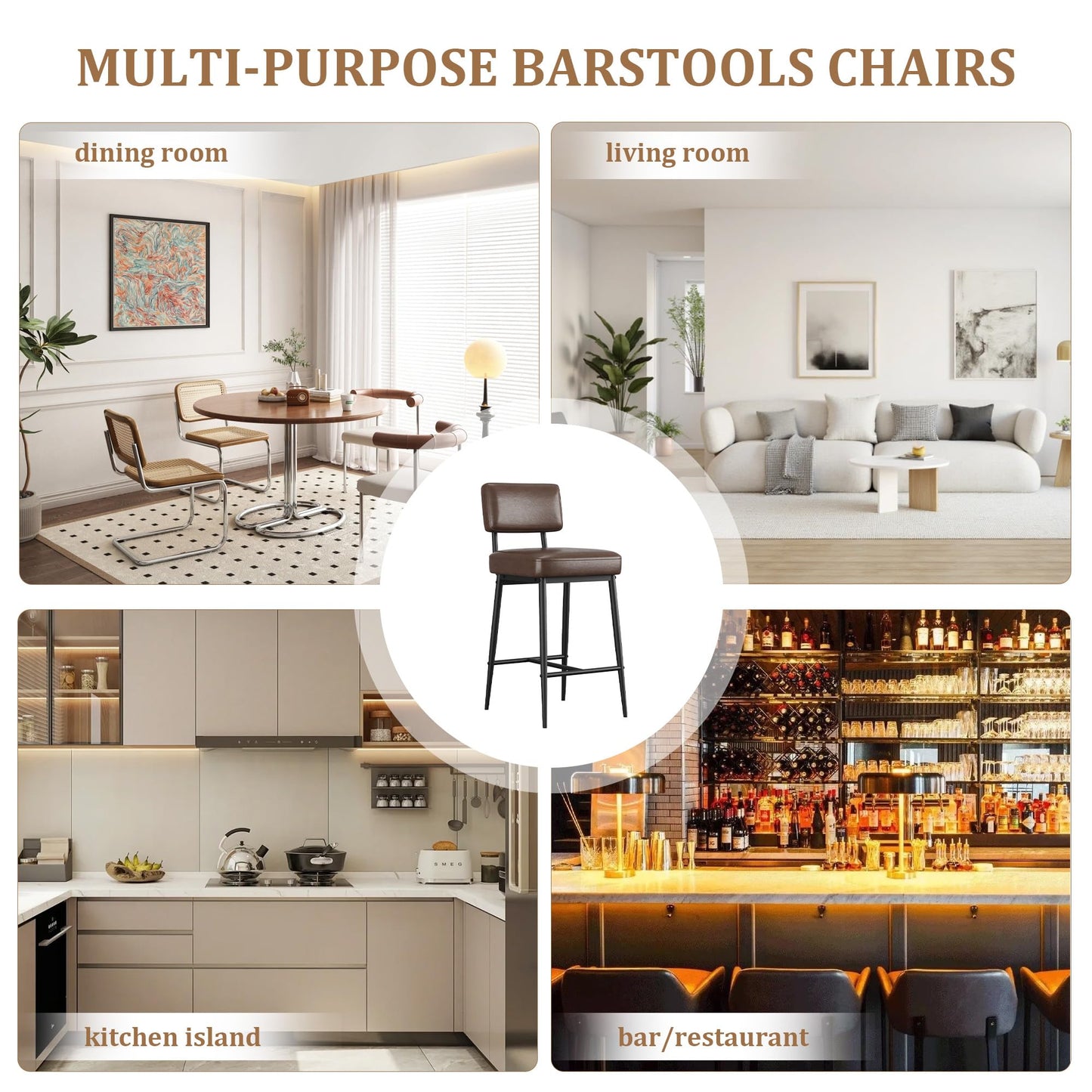 GarveeHome Bar Stools Set of 4, 26" Brown Faux Leather Counter Height Bar Stools with Backs, Modern Upholstered Barstool Chairs with Metal Legs for Kitchen Island, Home Bar, Dining Room