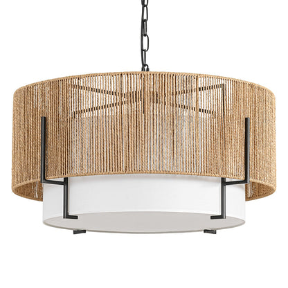 25.6" Large Rattan Chandelier, 6-Light Boho Pendant Light with Fabric Shade, Farmhouse Rattan Hanging Ceiling Light Fixture for Dining Room, Living Room, Kitchen Island, Bedroom, Hallway, Foyer