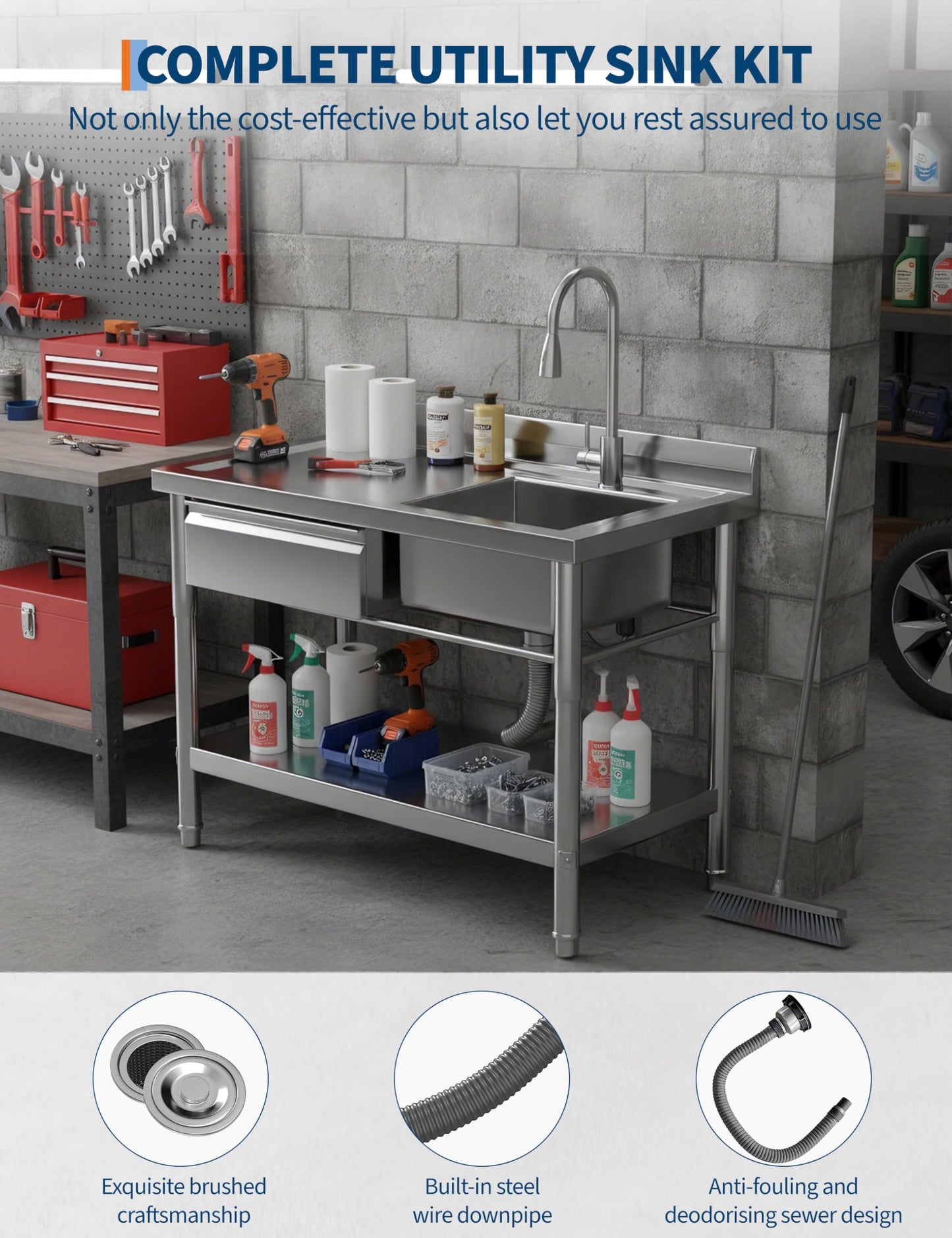 GarveeTech 39.4" Commercial Stainless Steel Utility Sink – Free Standing Single Bowl with Drawer & Hot/Cold Water Pipe for Kitchen, Laundry Room, Garage, Restaurant | Heavy-Duty Sink Station