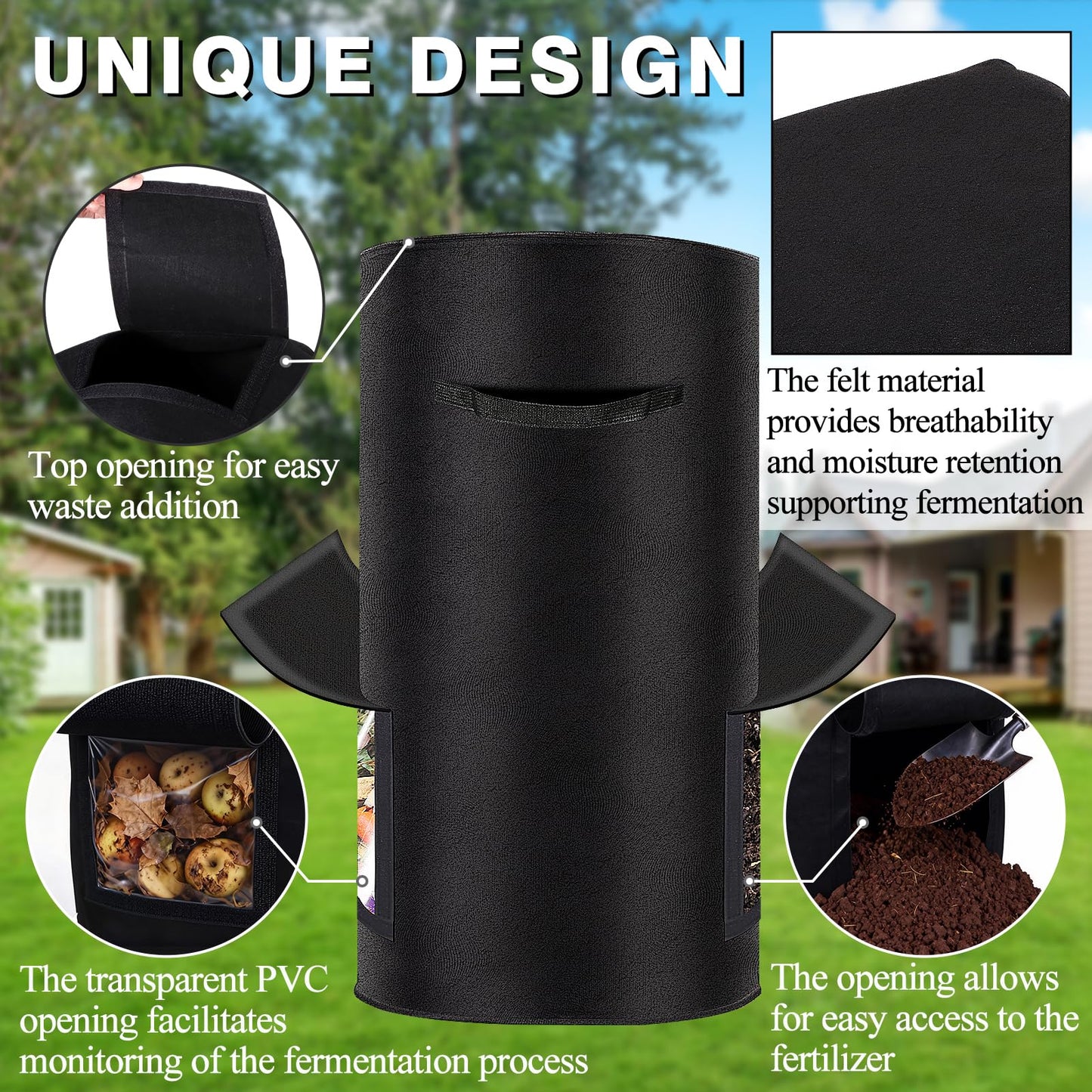 Compost Bins Outdoor with Observation Windows, 34 Gallon Reusable Home Compost Bucket for Outside Garden, Backyard, Heavy Duty Nonwoven Fabric Yard Waste Bag (1 Pack, Black)