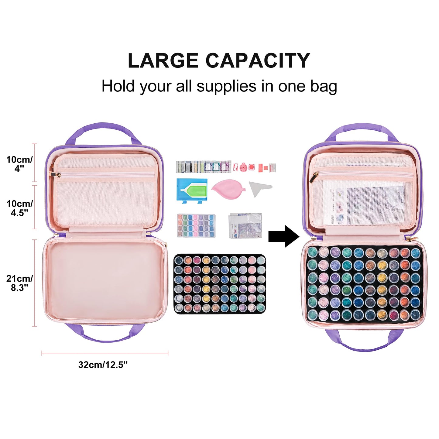 Leudes Diamond Painting Storage Containers, 60 Slots Bead Storage Box for Diamond Art Kits Accessories Organizer Case (Only Bottles and Bag) (Purple-1(60 Jars))