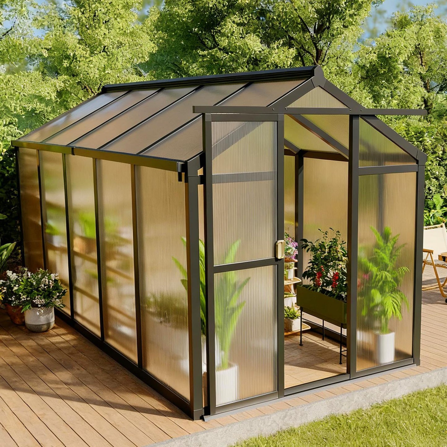6x10 FT Greenhouse, Outdoor Sliding Door, Polycarbonate Greenhouse with Aluminum Frame, Lockable Door and Ajustable Roof Vent for Backyard, Outside Garden Backyard, Patio, Black