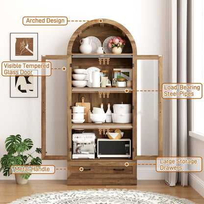 75" Tall Arched Kitchen Pantry Cabinet w Load-Bearing Steel Pipe,Modern Farmhouse Kitchens Storage Cabinet with Drawer and Glass Doors,Tall Arched Bookcase,Pantry Organizer for Living Room(Natural)