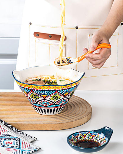 Asian Soup Spoon Set of 6 – Boho Ceramic Ramen Spoon with Long Handle, Deep Soup Spoons for Japanese Ramen, Pho, Dumplings, Miso, Wonton – Dishwasher Safe