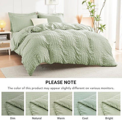HYMOKEGE King Size Comforter Set - Light Green Seersucker 7-Piece Luxury Bedding Set