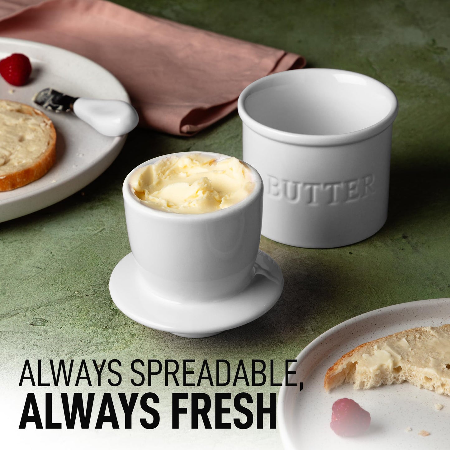 Zulay Kitchen Bell Shaped Butter Crock with Lid for Countertop with Water Line & Spreader Knife, Ceramic French Butter Dish Keeper For Fresh, Soft & Spreadable Butter - White