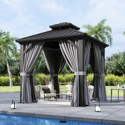 Aoxun 8x8 Hardtop Gazebo, Aluminum Frame Outdoor Gazebo with Double Galvanized Steel Roof, Patio Pavilion with Netting and Curtains, Backyard Gazebo for Patio Deck Garden