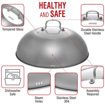 YOSUKATA Wok Lid 13.6 Inch - Premium Stainless Cover with Tempered Glass Insert Steam Holes - Dishwasher-Safe Lid for 14-Inch Wok - Chees Melting Dome for Griddle