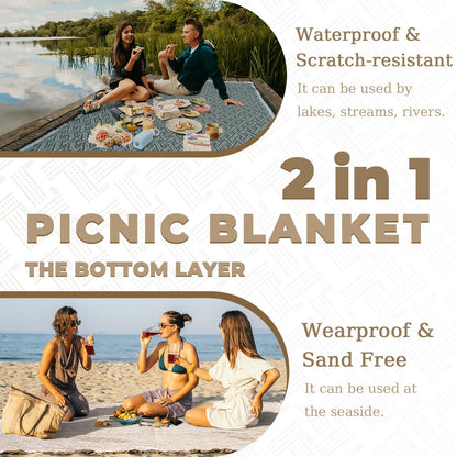 Genovega 2 in 1 Extra Large Rug Outdoor Picnic Blanket Waterproof Woven Boho Mat Giant Beach Towel Travel Essential Yoga Accessories Park Patio Lawn Garden Ground Music Festival Concert Must Have