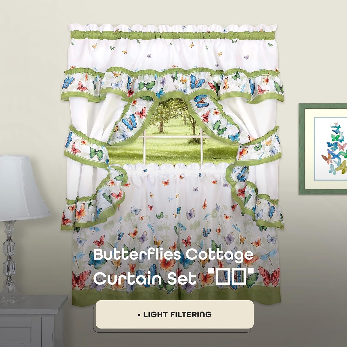 Printed Cottage Window Curtain Set - 57 Inch Width, 24 Inch Length - Green Butterflies - Polyester Soft Treatment