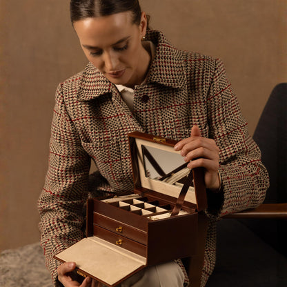 Time Resistance Jewelry Box - Full Grain Leather Jewellery Organizer - Accessories Storage - Key Lock Box for Women (Cognac Brown)