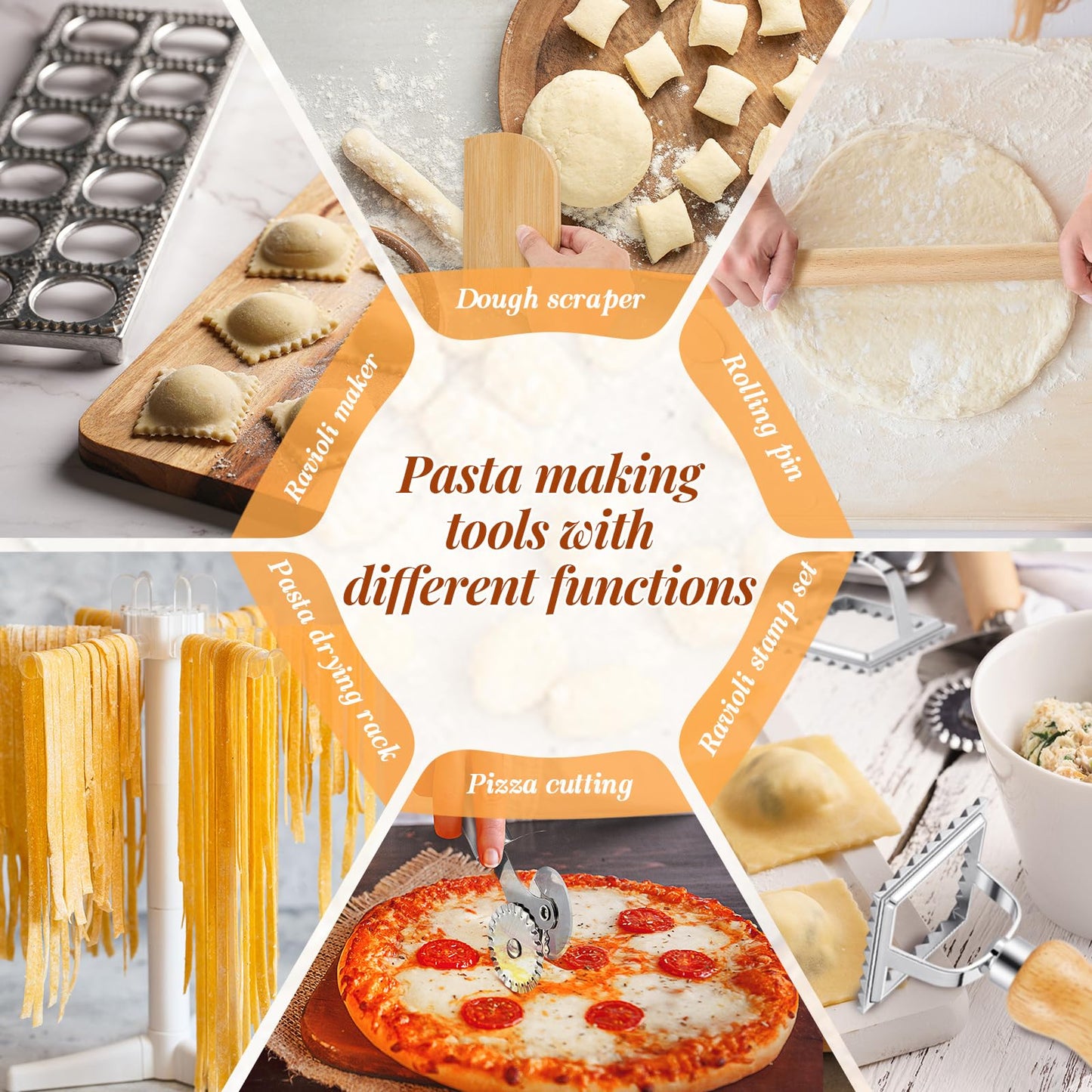 Geetery 5 Pieces Ravioli Mold Set, 12 Holes Ravioli Maker Press, 3 Pasta Cutter Stamps, Wood Rolling Pin, Pasta Making Tools, Pelmeni Mold, Manual, Stainless Steel, White, Silver, Wood Color