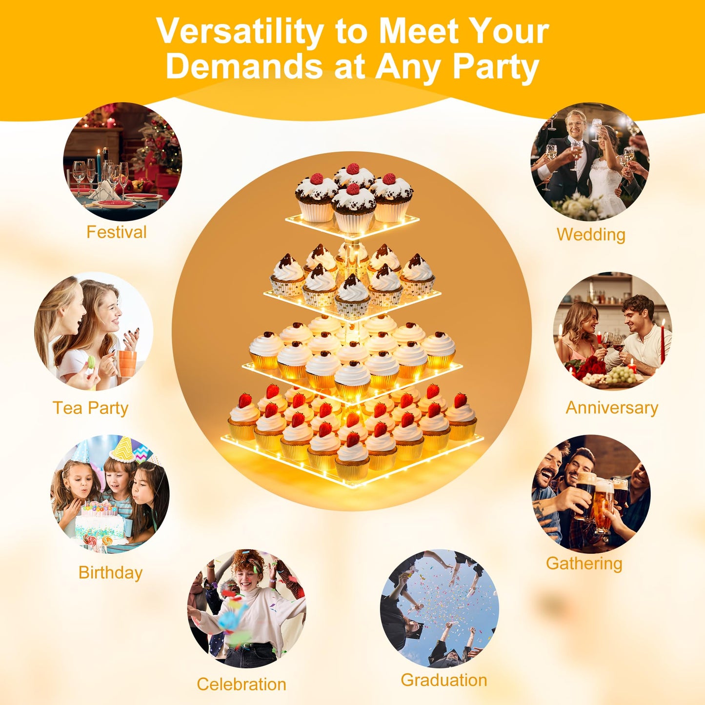 YestBuy 4 Tier Cupcake Stand Acrylic Tower Display with LED Light Premium Holder Dessert Tree Tower for Birthday Candy Bar Décor Weddings, Parties Events (Yellow Light)
