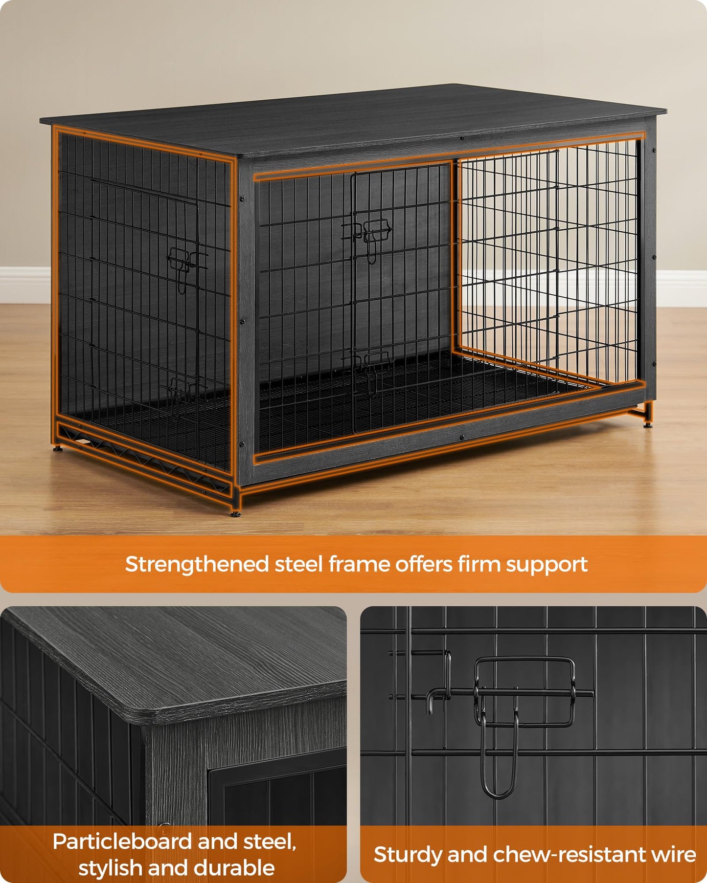 Feandrea 56.1" Dog Crate Furniture, Indoor Dog Cage Side End Table, XXL Pet Wood Kennel for Large and Medium Dogs up to 105 lb with Multi-Purpose Removable Tray, Double-Door Pet House, Ink Black