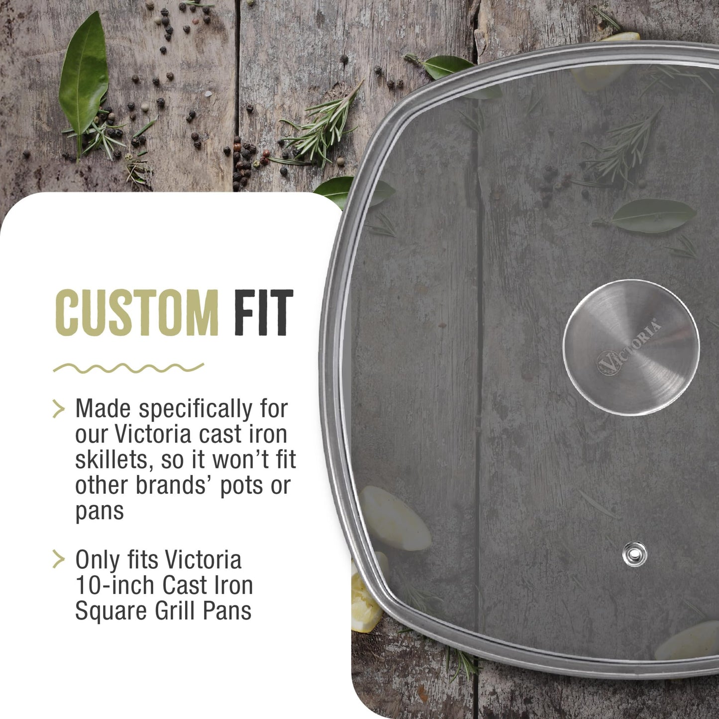 9.7-Inch Glass Lid for Victoria Square 10-Inch Square Skillet or Pan, Custom Made for Only Victoria Brand, Internal Diameter 9.7-Inch, External Diameter 10 Inch