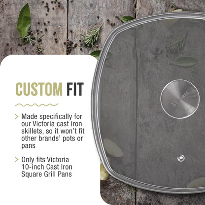 9.7-Inch Glass Lid for Victoria Square 10-Inch Square Skillet or Pan, Custom Made for Only Victoria Brand, Internal Diameter 9.7-Inch, External Diameter 10 Inch