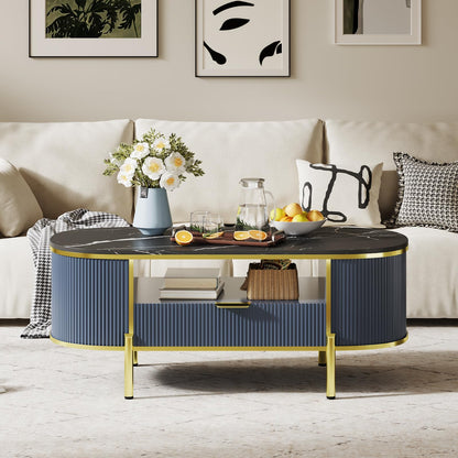 Takywep 48 inch Oval Coffee Table with Drawer, Fluted Modern Faux Marble Top Coffee Table for Living Room, Gold Metal Legs, Center Table for Lounge, Navy Blue