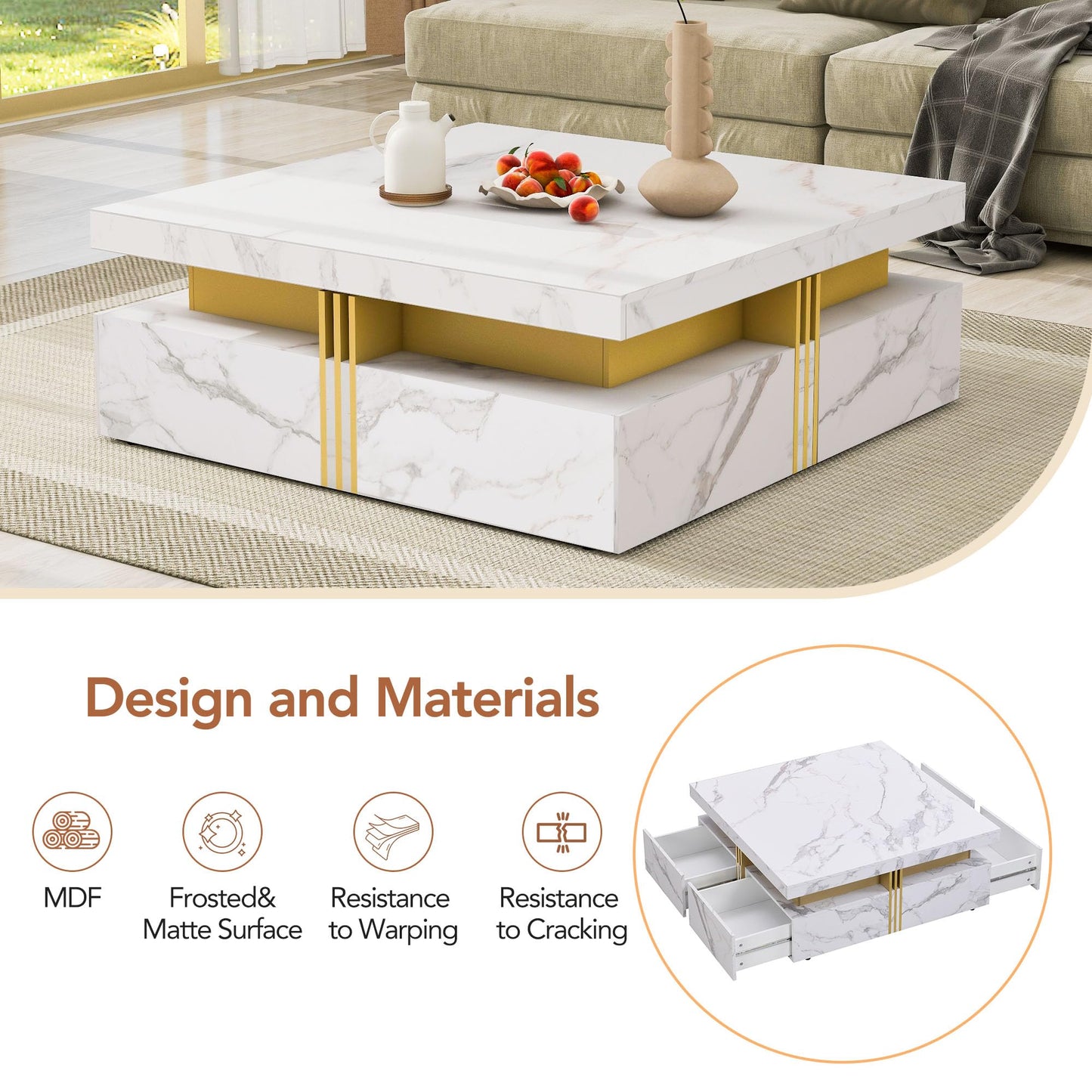 Merax Modern White and Gold Square Coffee Table with 4 Drawers, Ample Hidden Storage, Durable MDF Construction, Sleek Accent End Table for Living Room, Lounge, and Apartment Decor, White