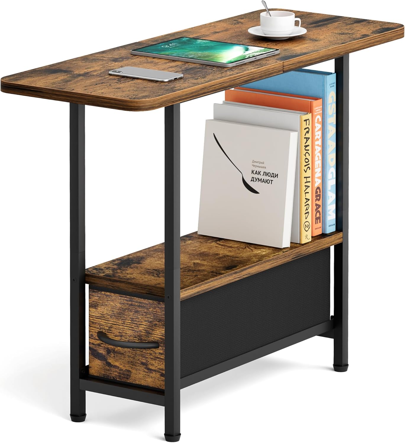 2 AOODA Living Room Side Table with Drawer, Tier Slim End Tables with Storage for Small Spaces, Narrow Nightstand