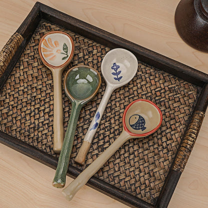 JANKOW 4 Pack Japanese Ceramic Soup Spoons, Slightly Larger Long Handle Design, Hand-Painted Porcelain Spoons for Miso, Wonton, Dumplings (Secure Packaging)