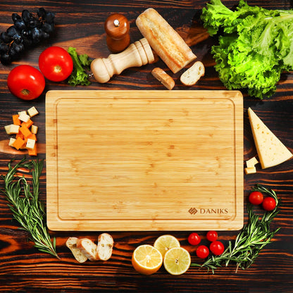 Daniks Bamboo Cutting Board Set of 2 with Juice Groove, XL 16x12 & L 13x9 in – Cutting Boards for Kitchen, Meal Prep, Serving & Charcuterie, Heavy‑Duty
