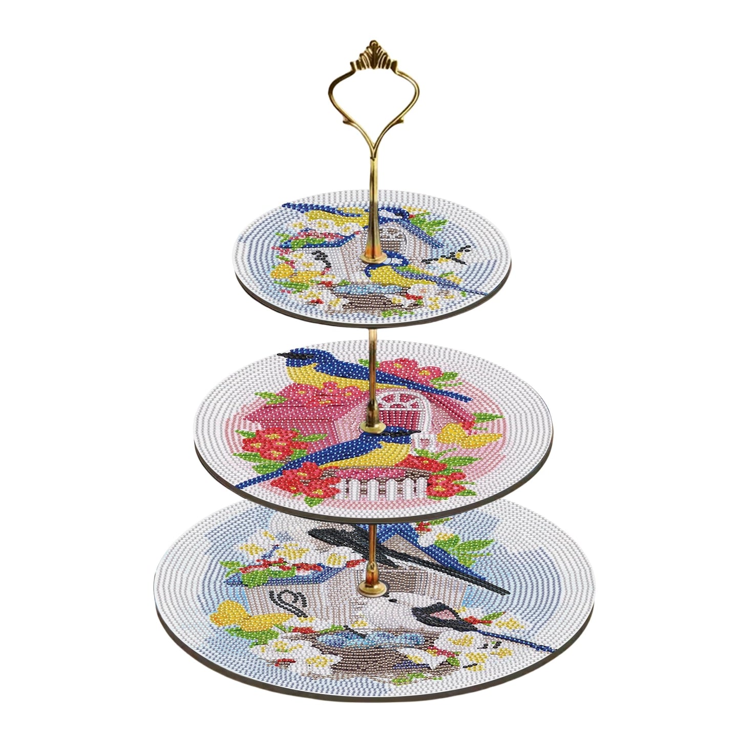 Three-Tier Diamond Painting Wooden Cake Stand DIY Sunflower Diamond Painting Cupcake Towel-Lined Tiered Tray Reusable Pastry Stand (Little Bird)