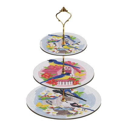 Three-Tier Diamond Painting Wooden Cake Stand DIY Sunflower Diamond Painting Cupcake Towel-Lined Tiered Tray Reusable Pastry Stand (Little Bird)