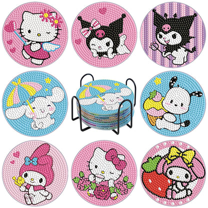 PERFECTSIGHT 8 Pcs DIY Diamond Art Painting Coasters with Holder, Cute Diamond Paint Coaster Kits for Adults, Kawaii Full Drill Diamond Art Craft Supplies, Paint by Number Non Slip Coaster, Sanlio