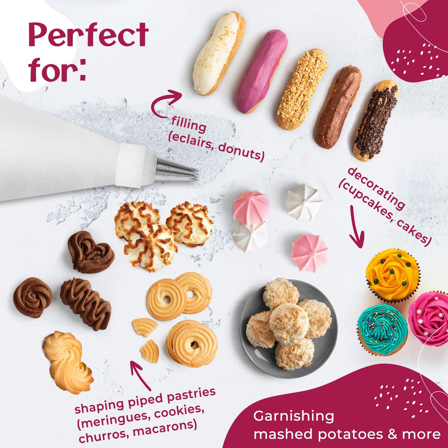 Large Piping Bags and Tips Set - XL Icing Tips - Large Piping Tips Set with Reusable Piping Bag (16 inch) - Decorating Tips for Cupcakes, Cakes, Cookies, Churros, Meringue, etc.