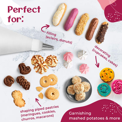 Happy Lemuro Premium Reusable Piping Bags and Tips Set - Cotton Pastry Bag 16" with 8 Large Icing Tips for Cake Decorating - Large Piping Tips Set - Dishwasher Safe