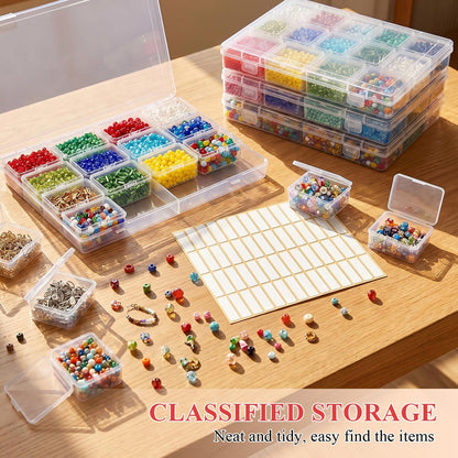 Supkiir Bead Organizer Box, 64 Pcs Small Plastic Bead Storage Containers, Clear Craft Organizers and Storage with Hinged Lid and Labels for Diamond Painting Art, Seeds, Nail Art and Small Parts